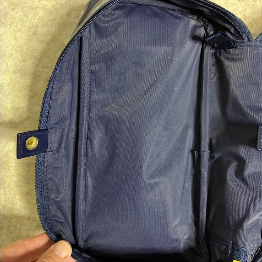 Estée Lauder Make Up Travel Bag Navy Blue Tan Rim‎ Zipper Mirror 10x5x2.5”